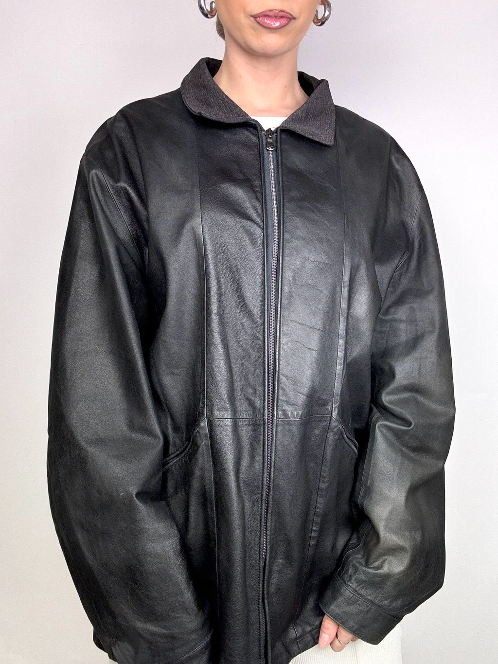 Vintage XL schwarze gerade schmale Lederjacke