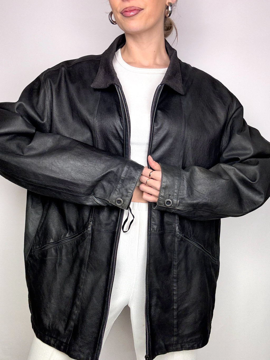 Vintage XL schwarze gerade schmale Lederjacke