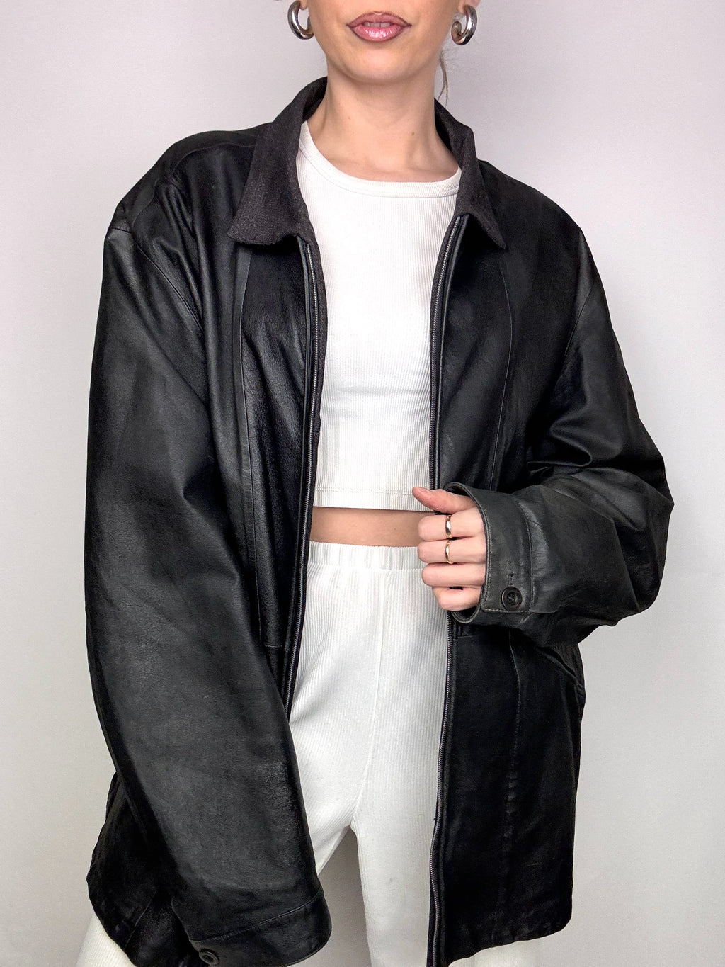 Vintage XL schwarze gerade schmale Lederjacke