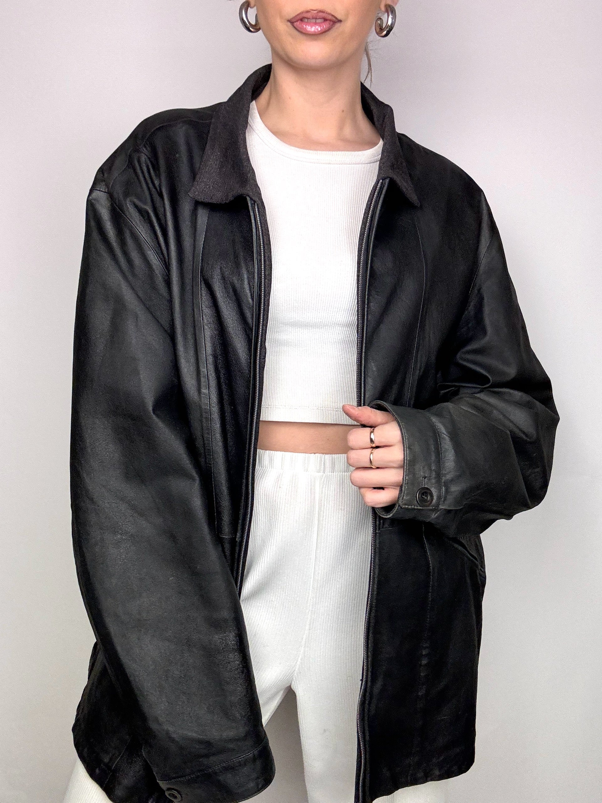 Vintage XL schwarze gerade schmale Lederjacke