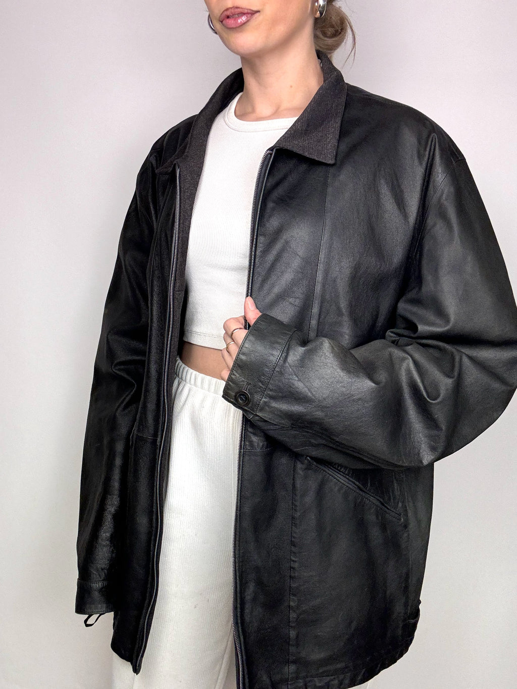 Vintage XL schwarze gerade schmale Lederjacke