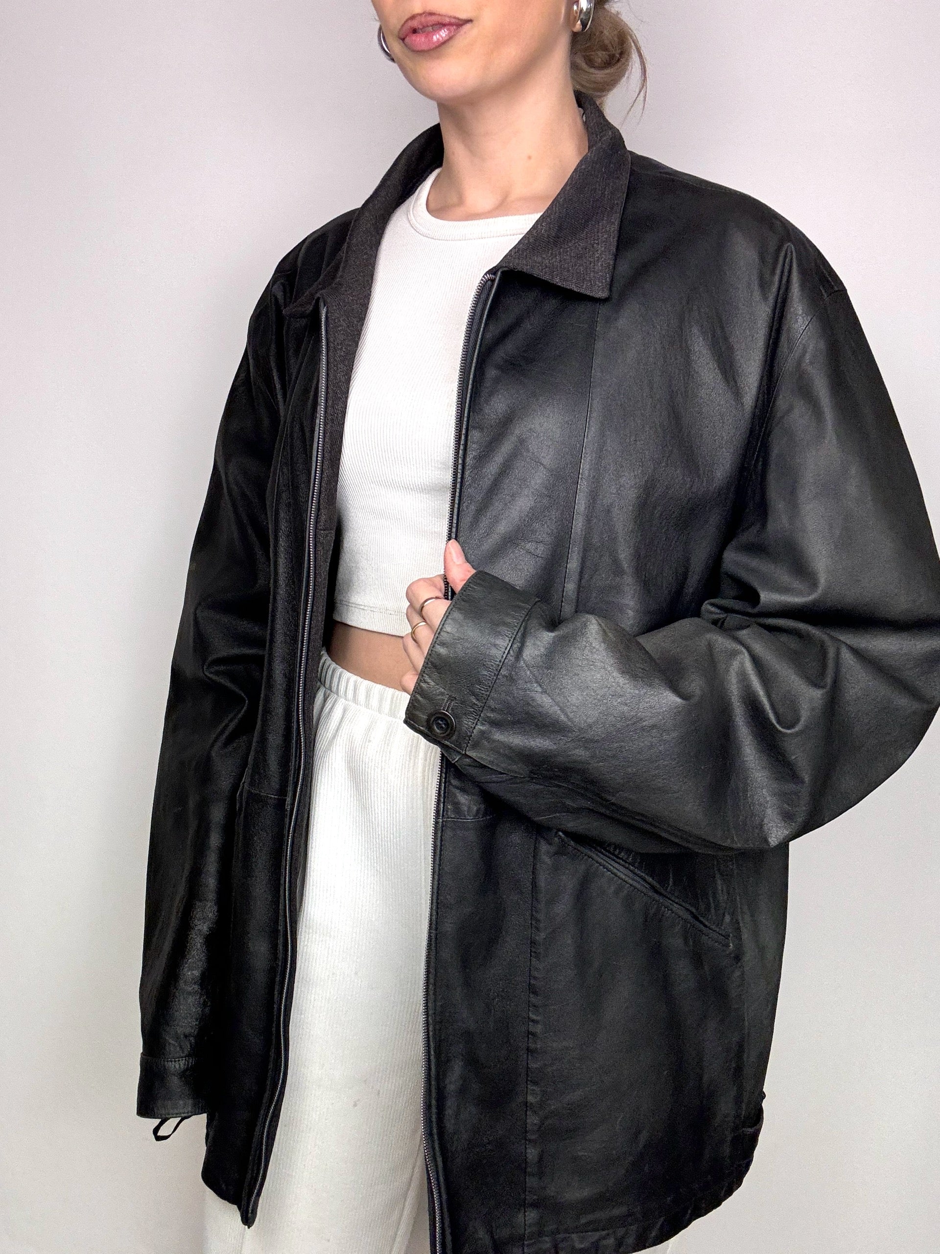 Vintage XL schwarze gerade schmale Lederjacke