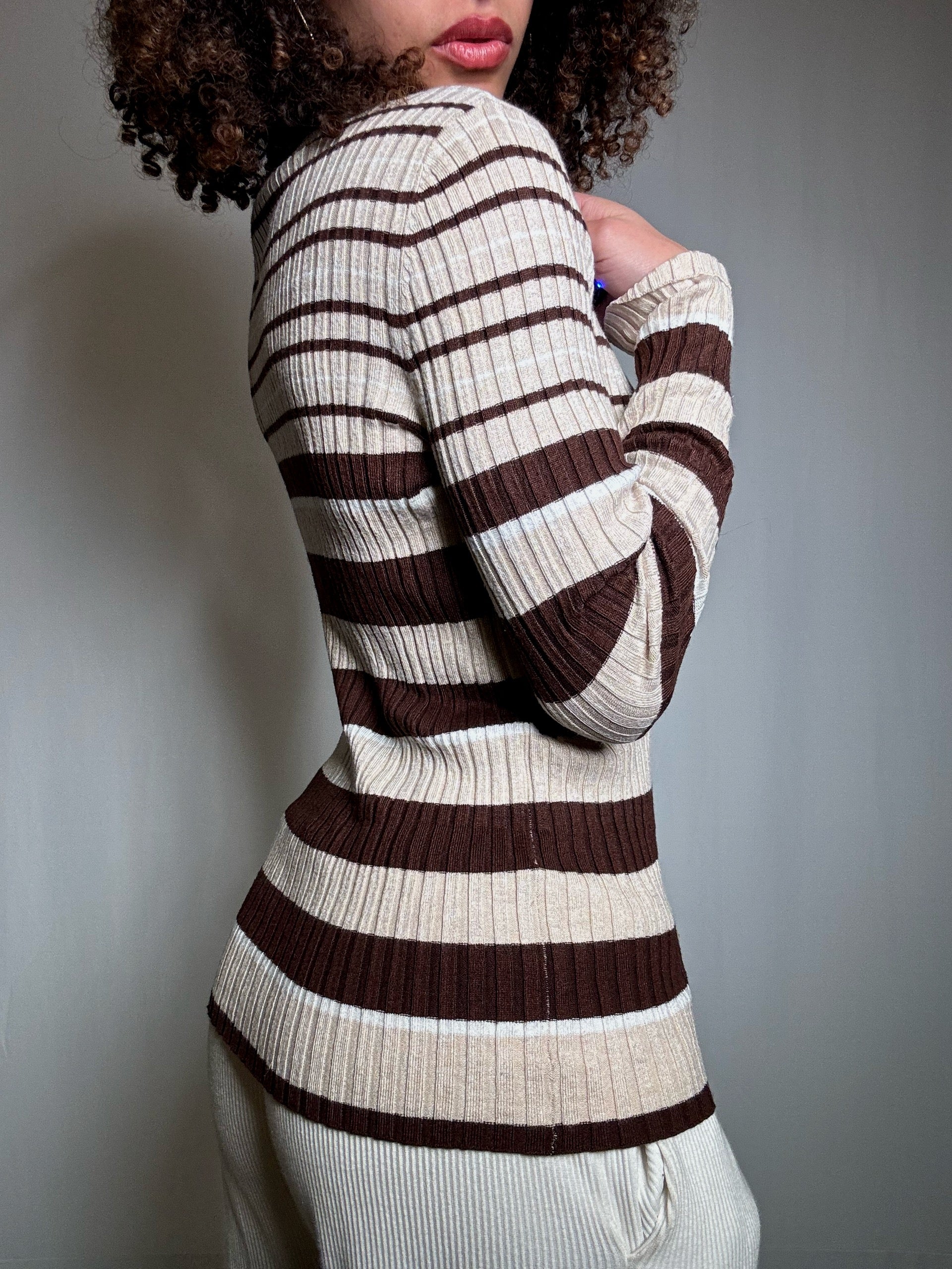 Pull cintré beige et brun M vintage