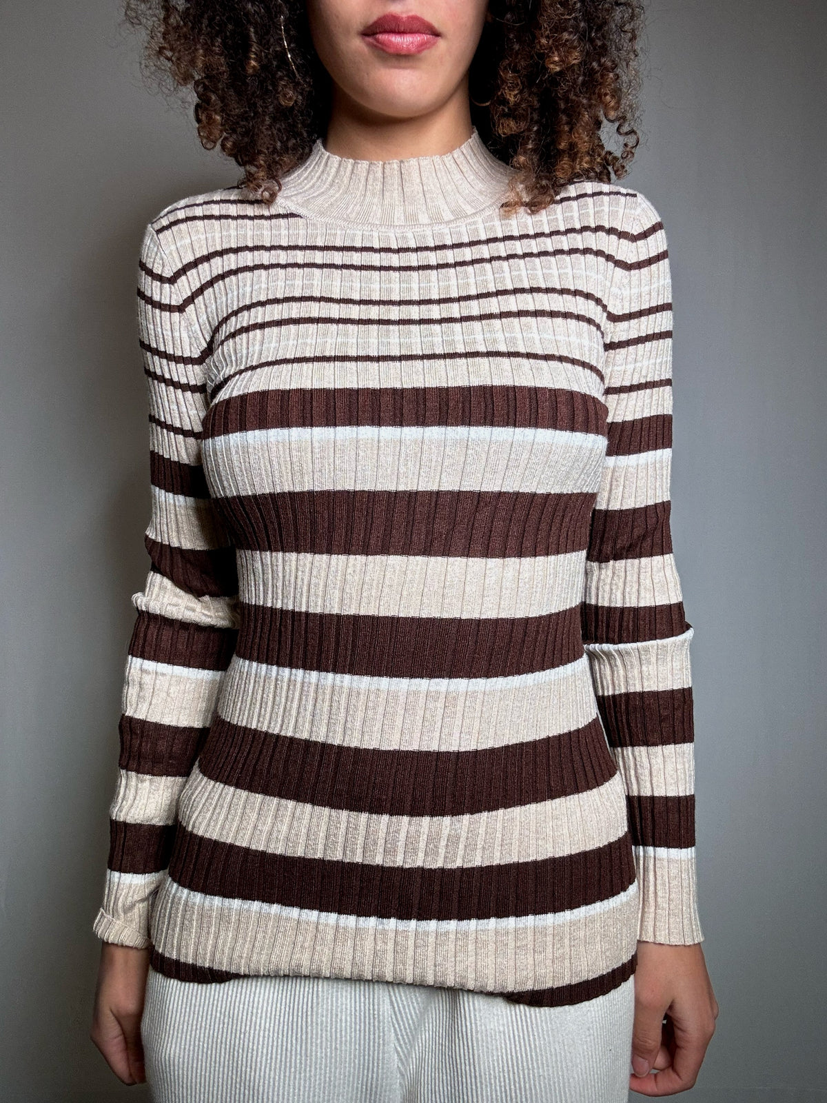 Pull cintré beige et brun M vintage
