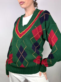 Green argyl pattern v-neck sweater M vintage