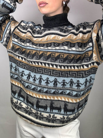 Pull à motif gris et beige col roulé L vintage