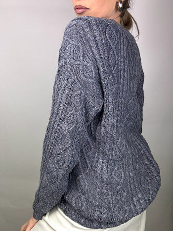 Cardigan tressé gris avec boutons bijoux M/L vintage