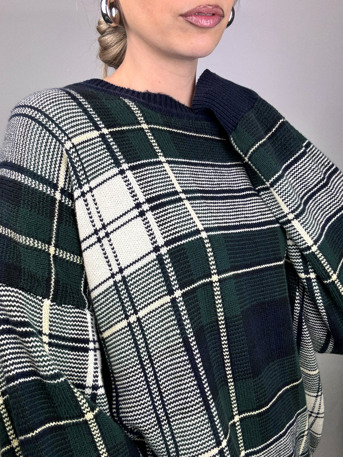 NAUTICA L vintage green and gray checked crew neck sweater