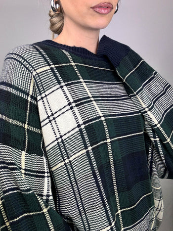 Pull a carreaux vert et gris col rond NAUTICA L vintage