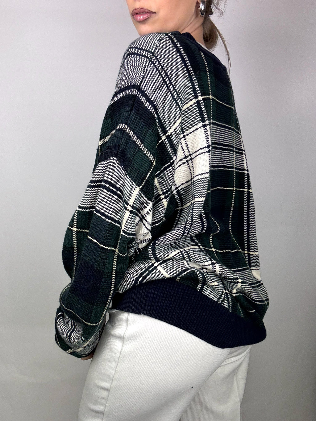 NAUTICA L Vintage grün und grau karierter Rundhalspullover