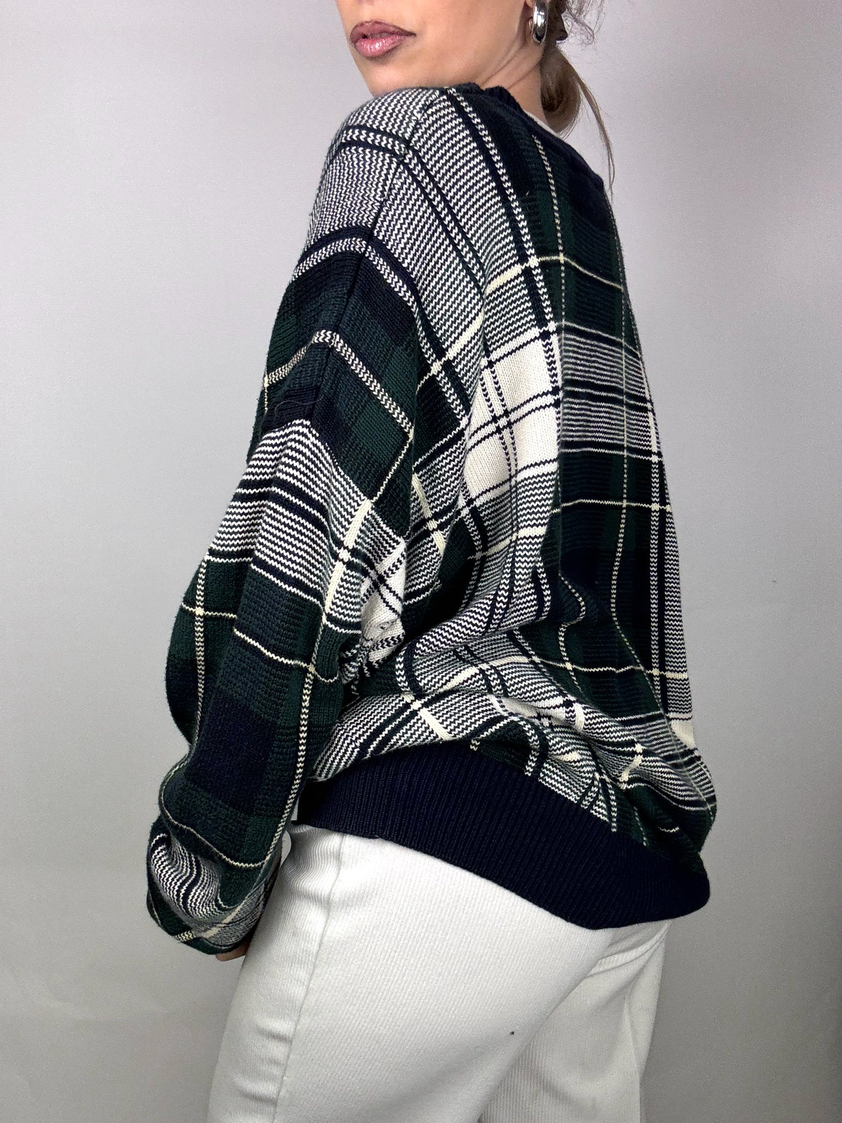 NAUTICA L vintage green and gray checked crew neck sweater