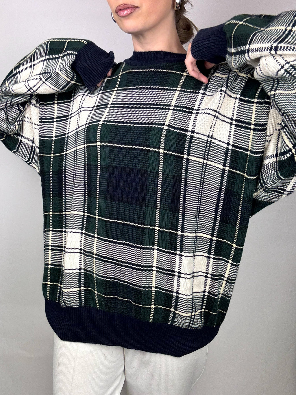 NAUTICA L Vintage grün und grau karierter Rundhalspullover