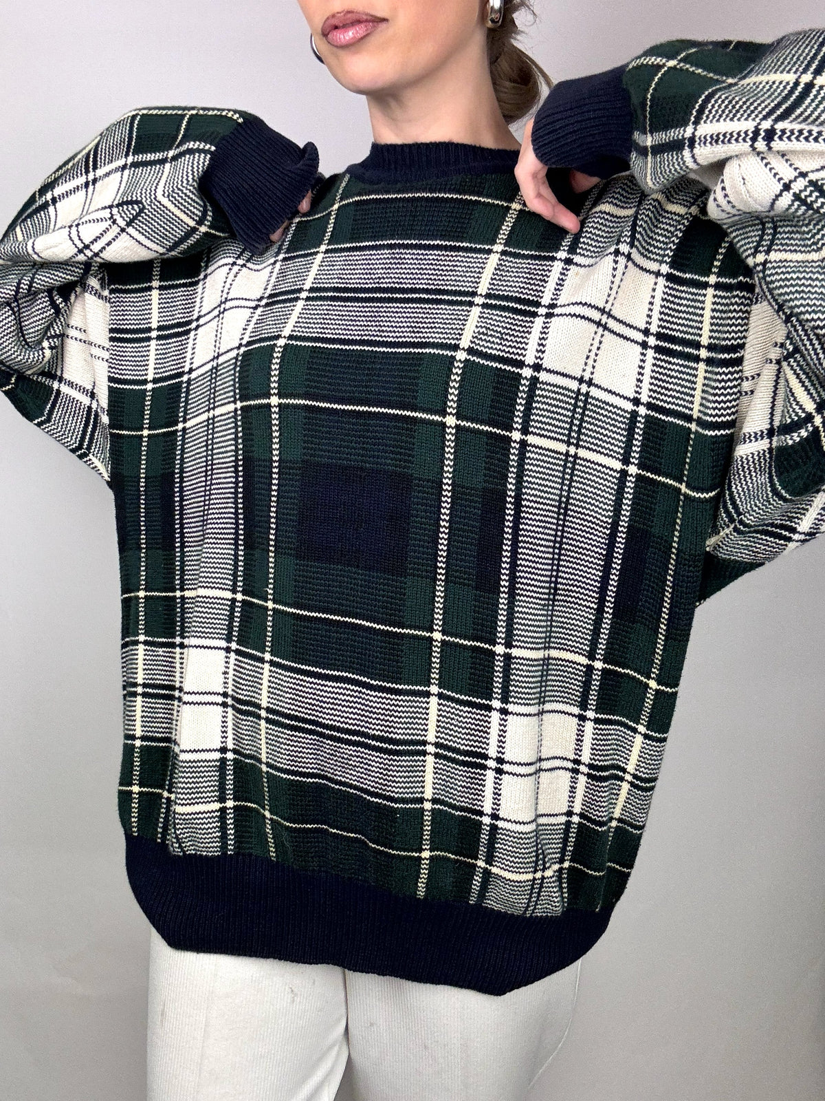 NAUTICA L vintage green and gray checked crew neck sweater