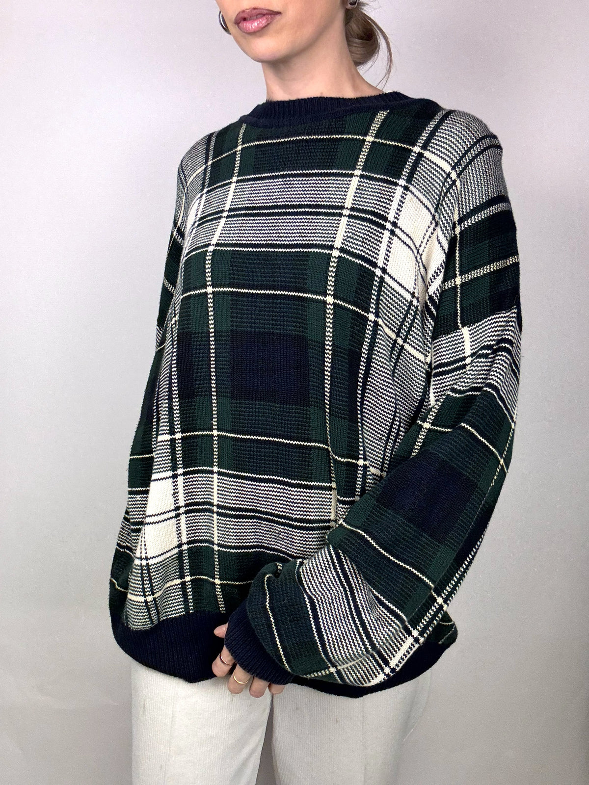 NAUTICA L vintage green and gray checked crew neck sweater