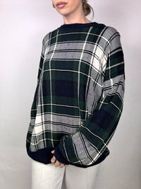 NAUTICA L Vintage grün und grau karierter Rundhalspullover