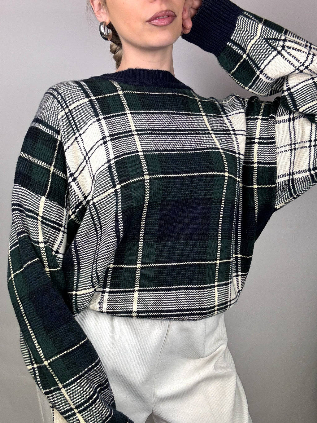 NAUTICA L Vintage grün und grau karierter Rundhalspullover