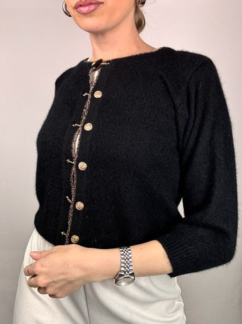 Cardigan noir avec boutonnière bijoux dorée CAROLL S vintage