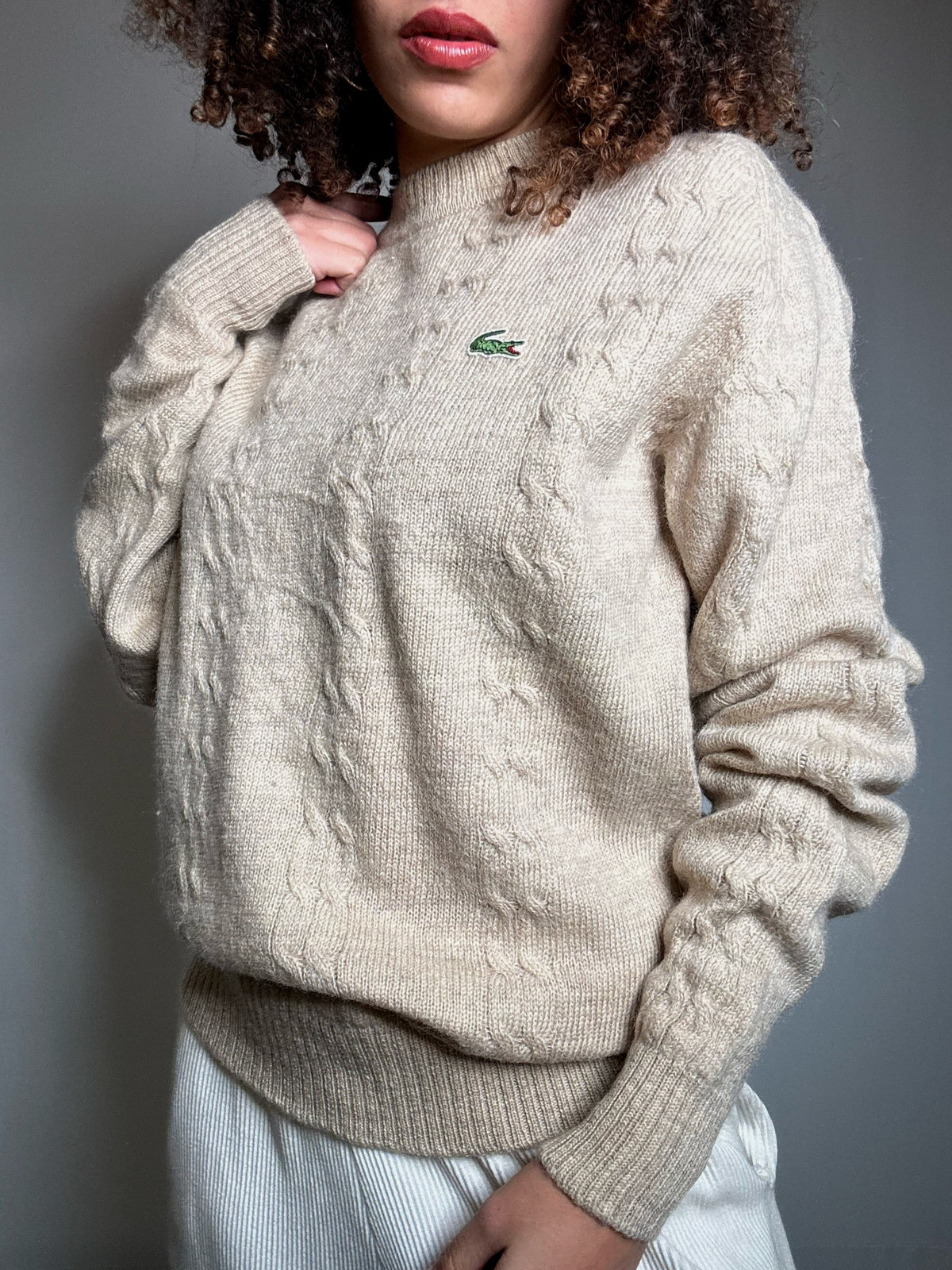 Pull beige tressé Lacoste L vintage