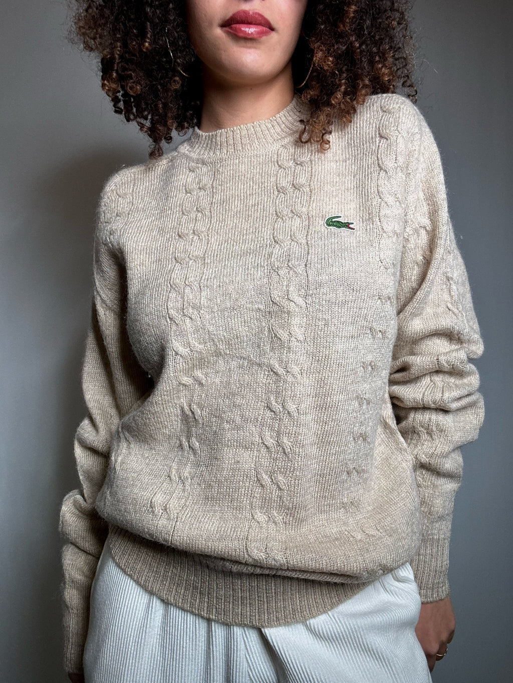 Pull beige tressé Lacoste L vintage