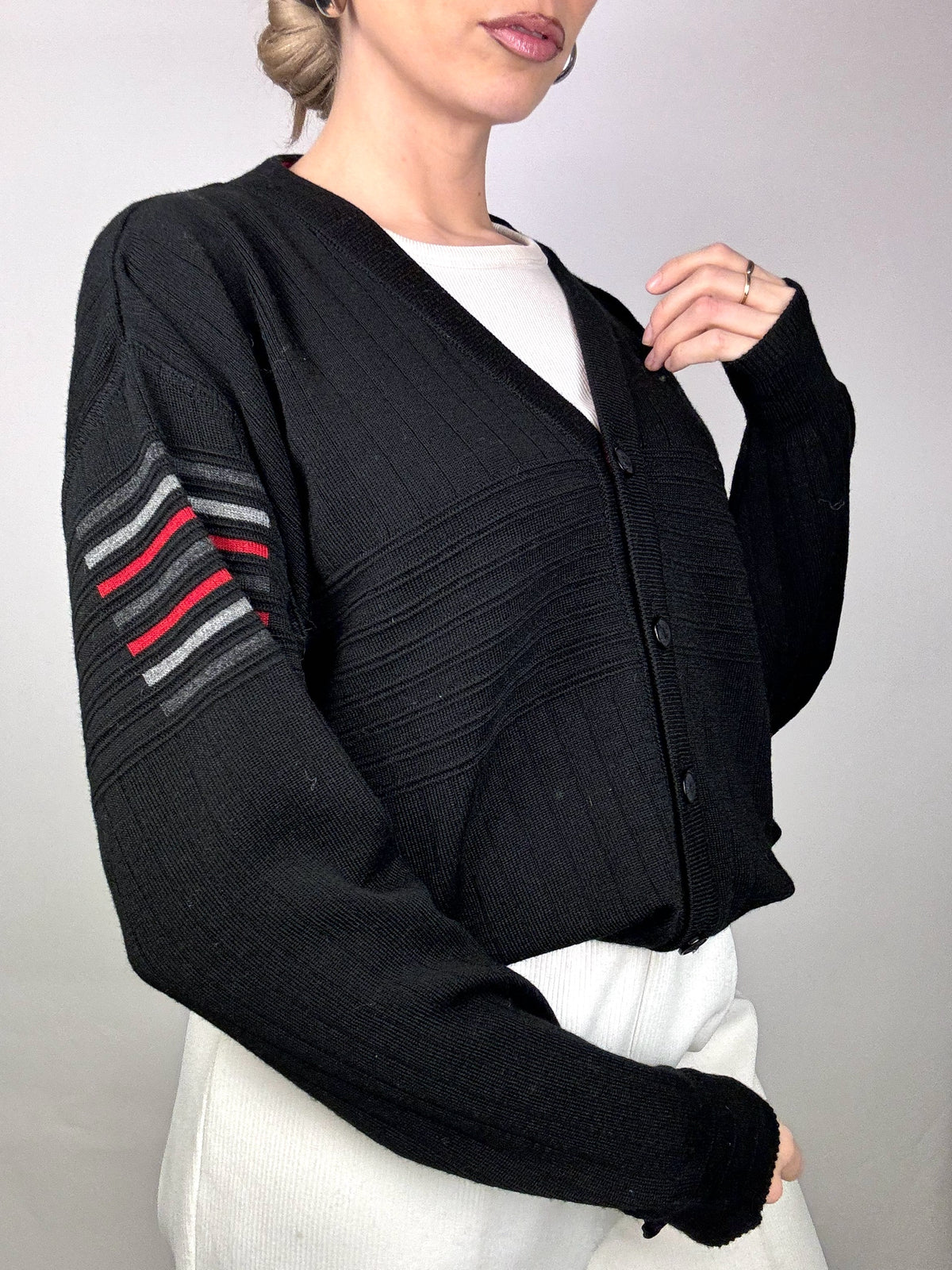 Black cardigan with stripes on the sleeves L/XL vintage