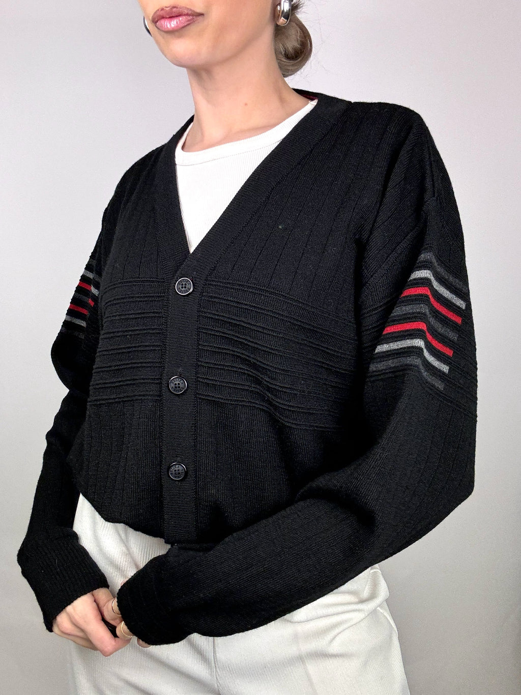 Black cardigan with stripes on the sleeves L/XL vintage