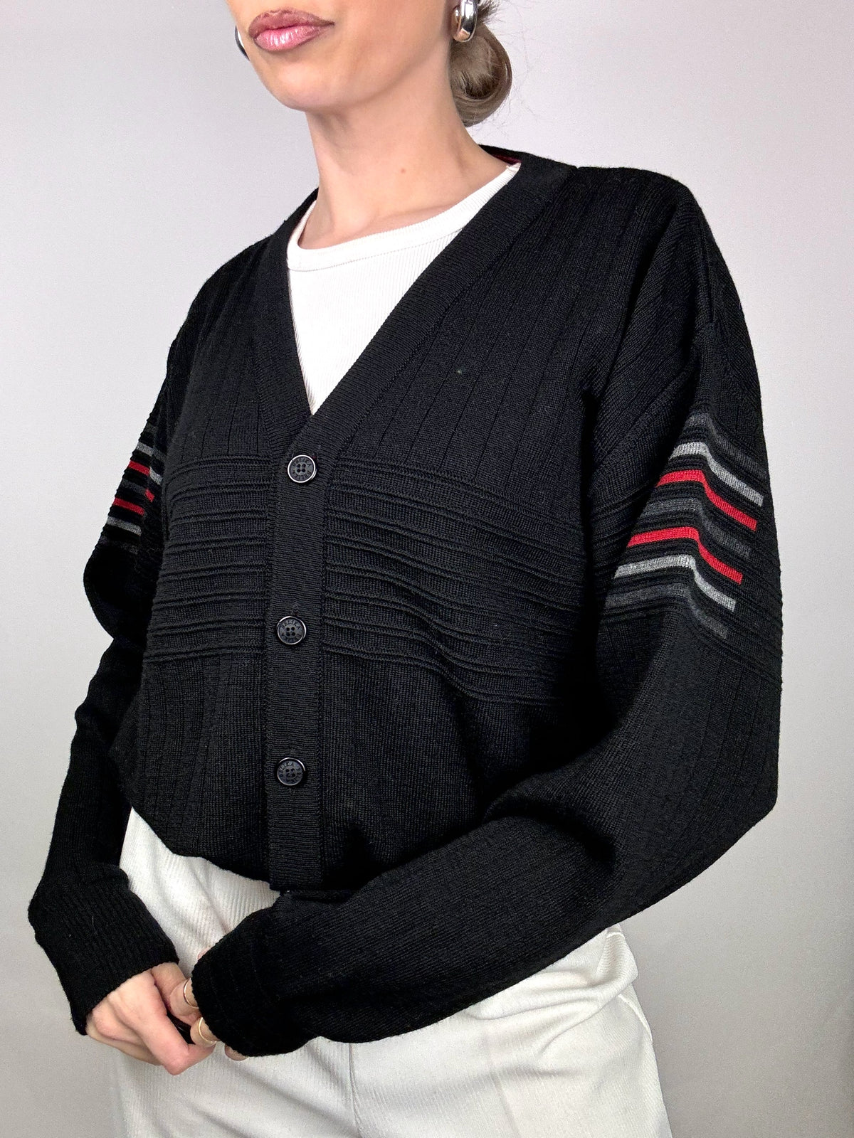 Black cardigan with stripes on the sleeves L/XL vintage