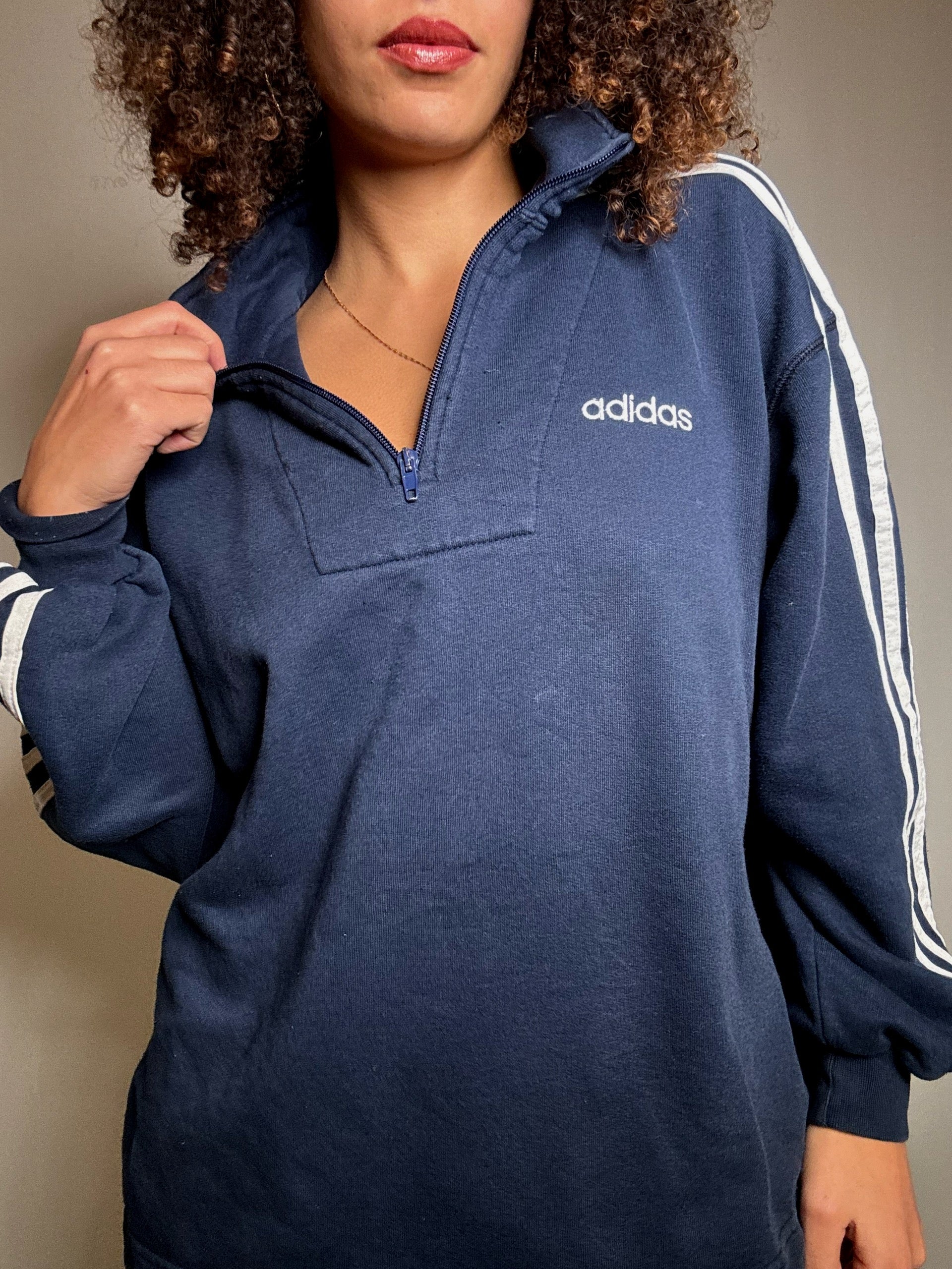 Sweatshirt Adidas Marineblau mit Stehkragen, Reißverschluss, Größe M, Vintage