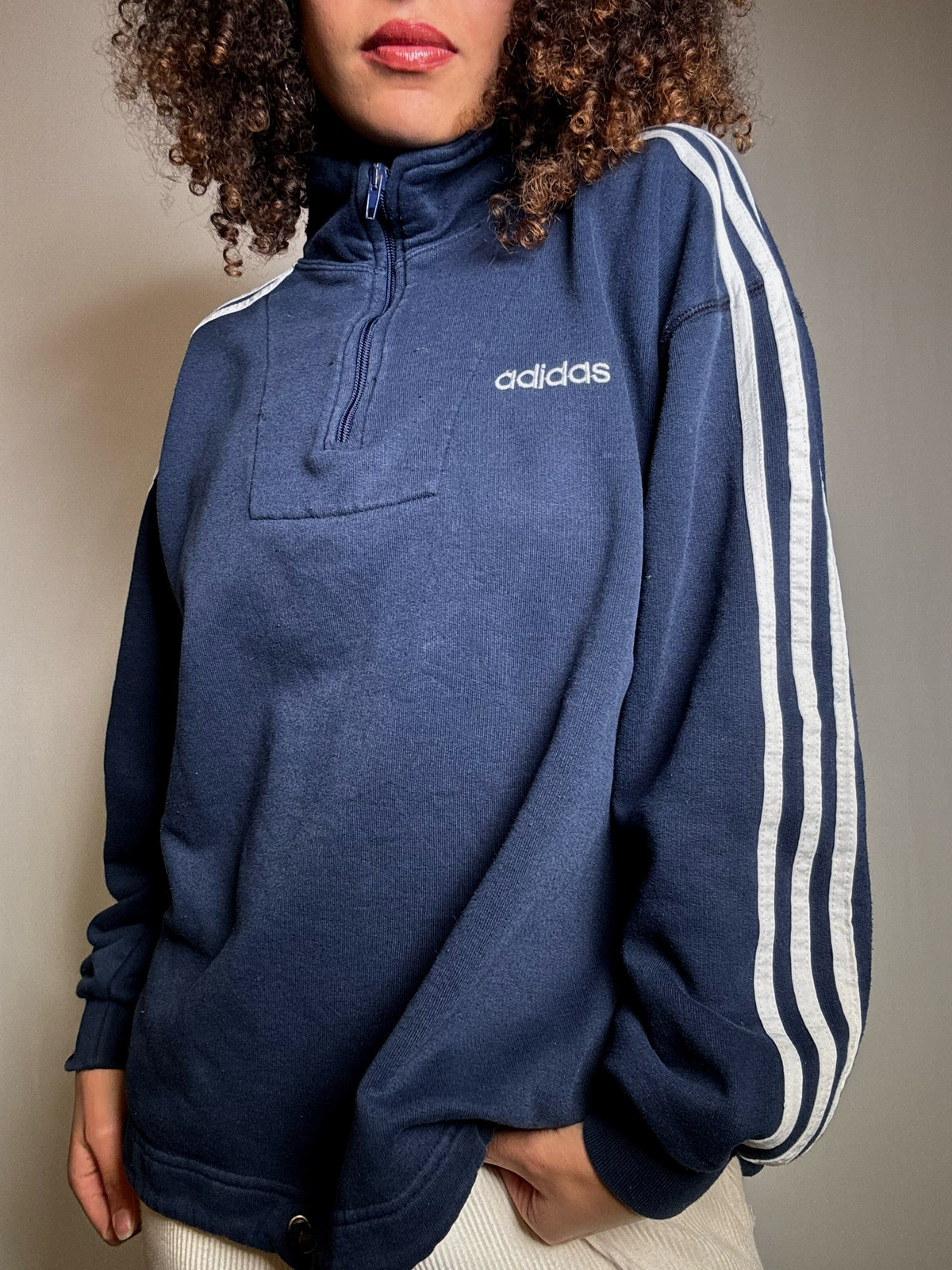 Sweatshirt Adidas Marineblau mit Stehkragen, Reißverschluss, Größe M, Vintage