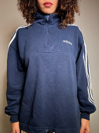 Sweatshirt Adidas Marineblau mit Stehkragen, Reißverschluss, Größe M, Vintage