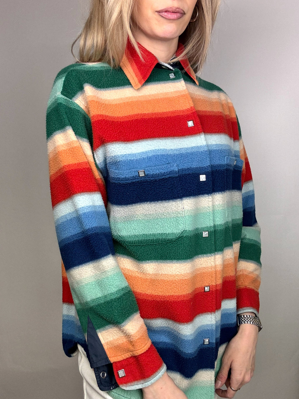 Vintage M Regenbogen Druckknopf Fleeceshirt