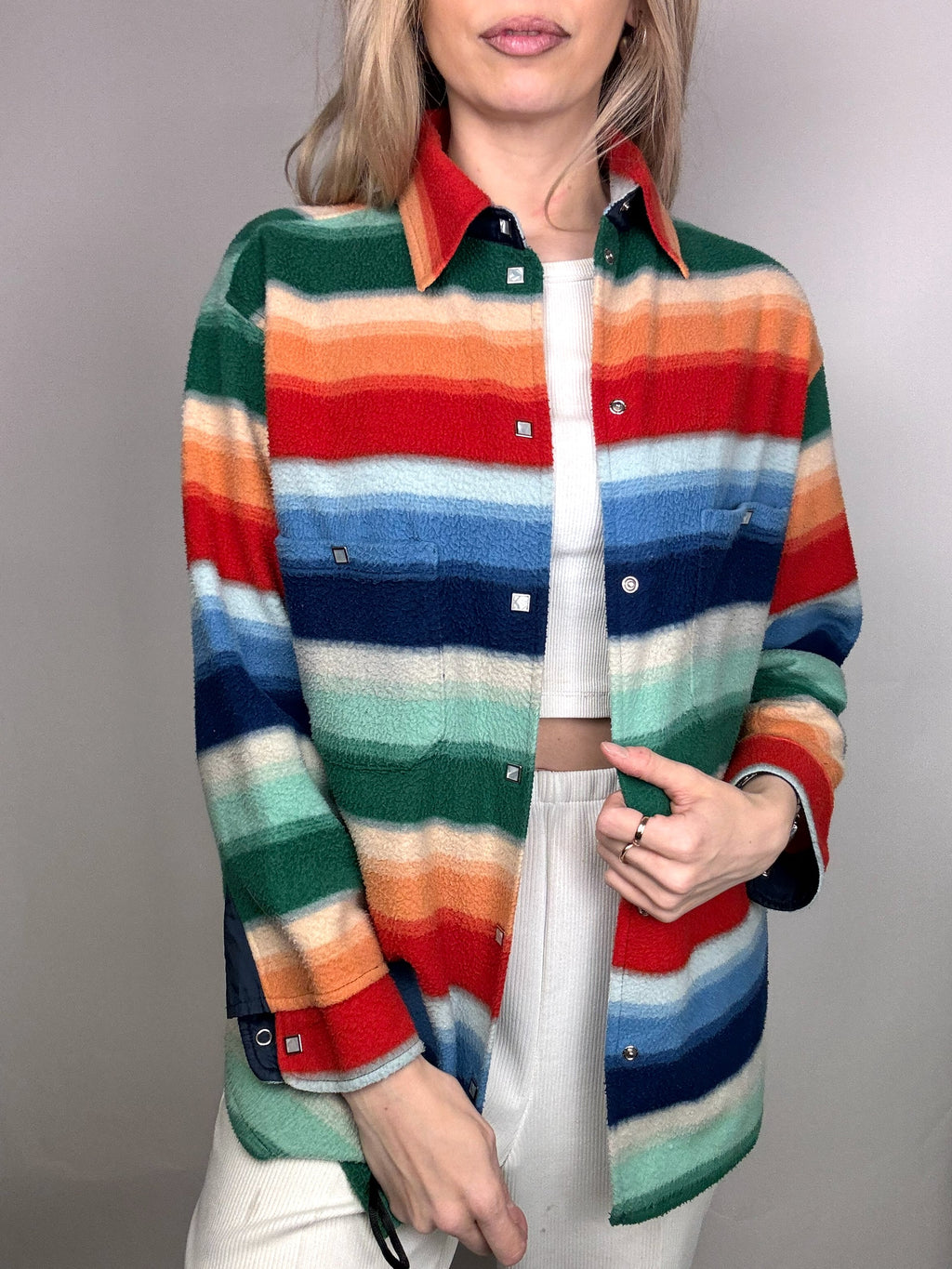 Vintage M Regenbogen Druckknopf Fleeceshirt