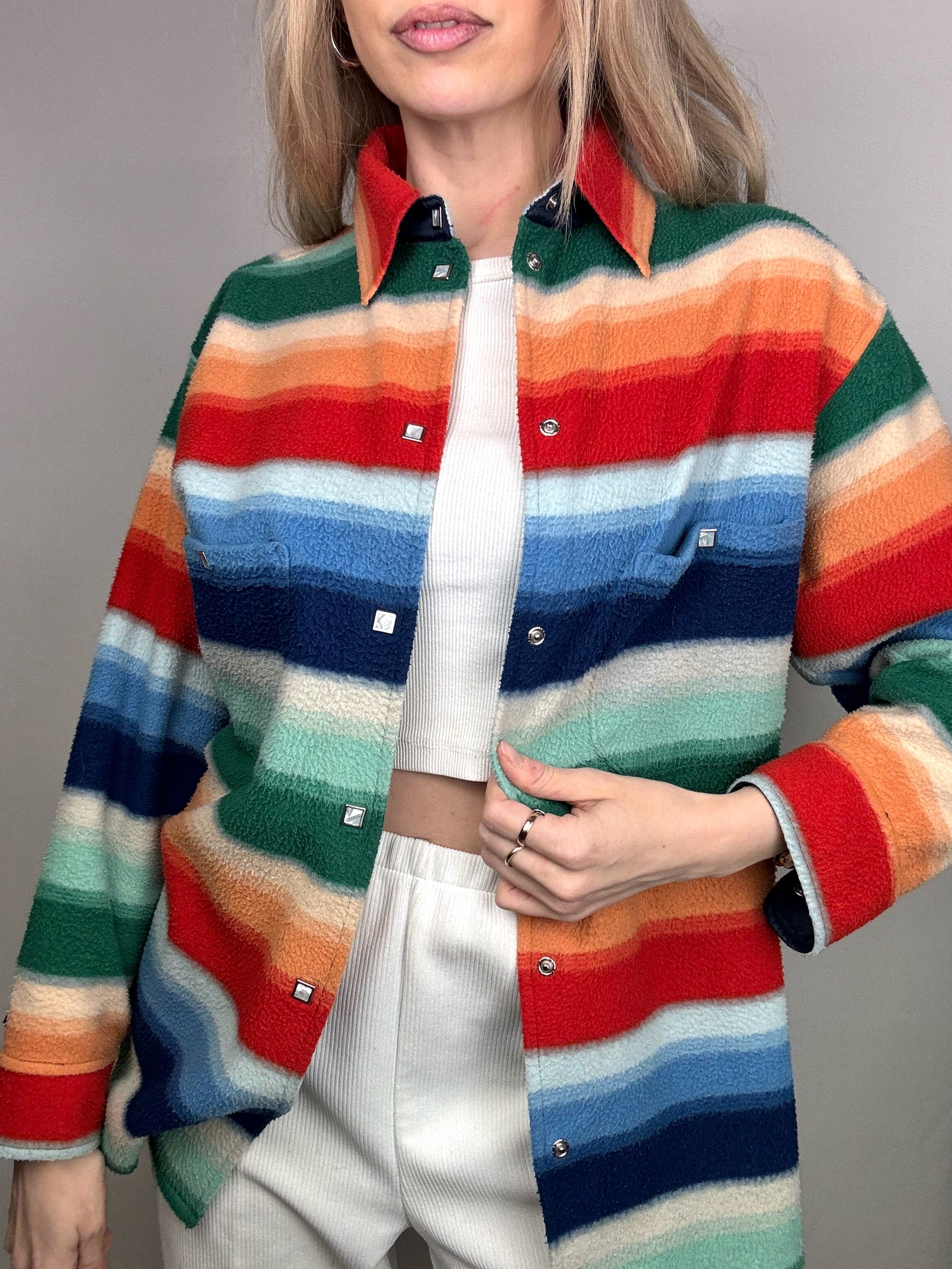 Vintage M Regenbogen Druckknopf Fleeceshirt