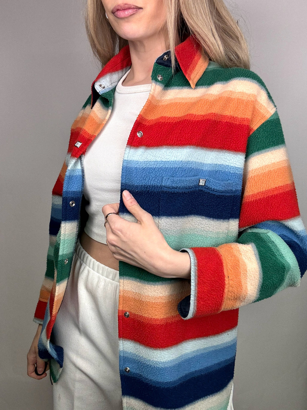 Vintage M Regenbogen Druckknopf Fleeceshirt