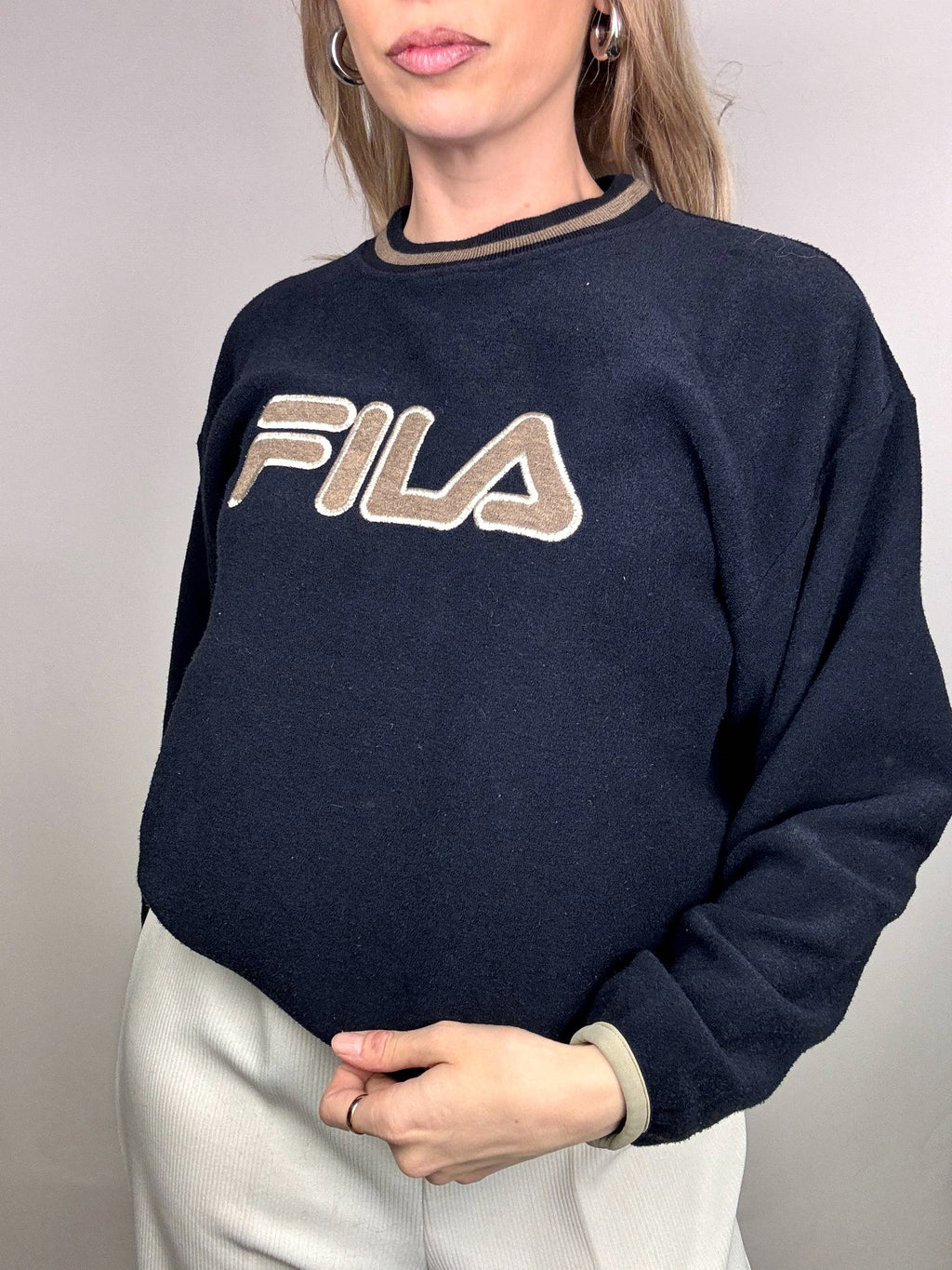 FILA XL Vintage Marineblaues Fleece mit Rundhalsausschnitt