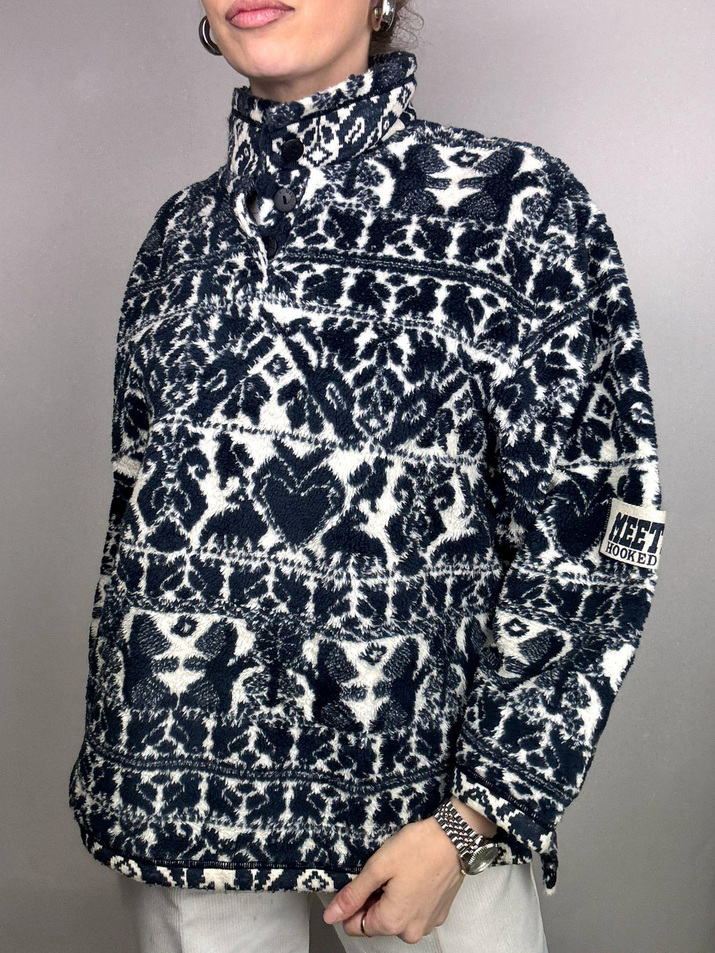 Vintage M Black and White Patterned Thick Fleece