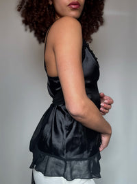 Satin-finish top with ruffles black S/M vintage