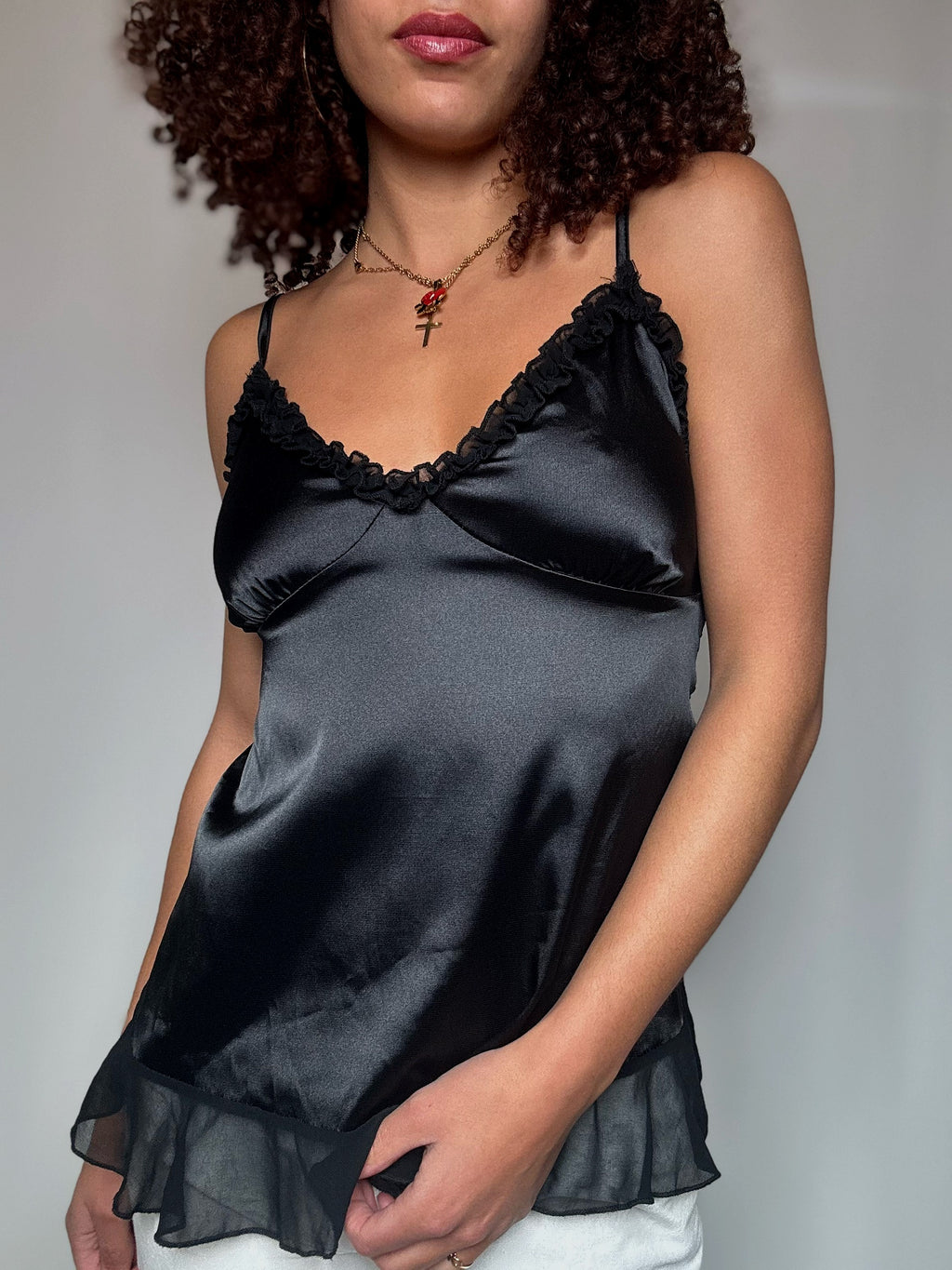 Satin-finish top with ruffles black S/M vintage