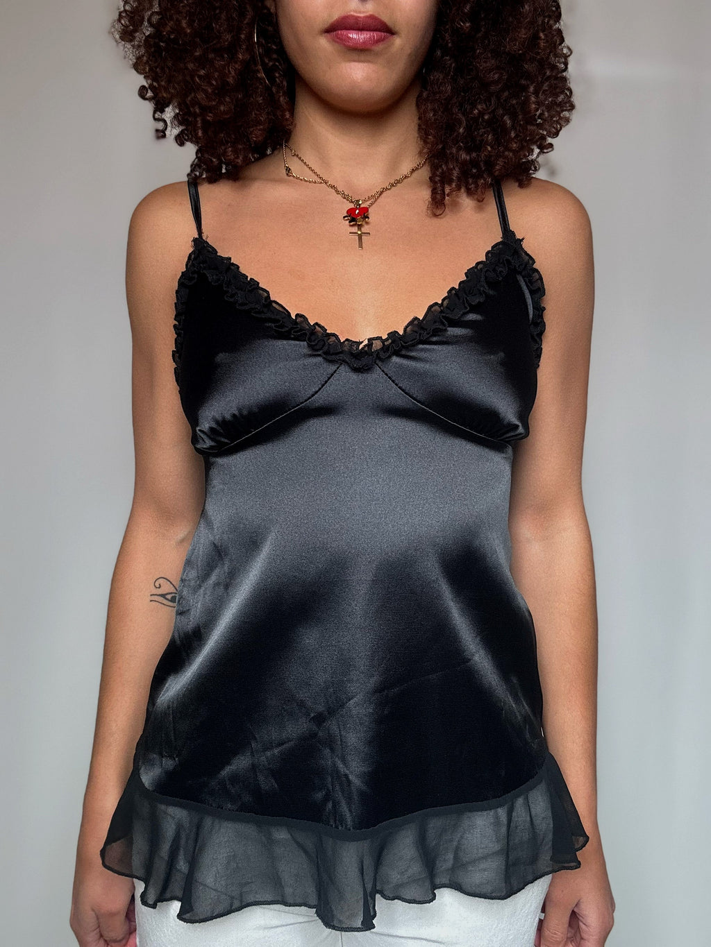 Satin-finish top with ruffles black S/M vintage