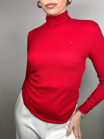 Pull moulant à col roulé rouge TOMMY HILFIGER S vintage