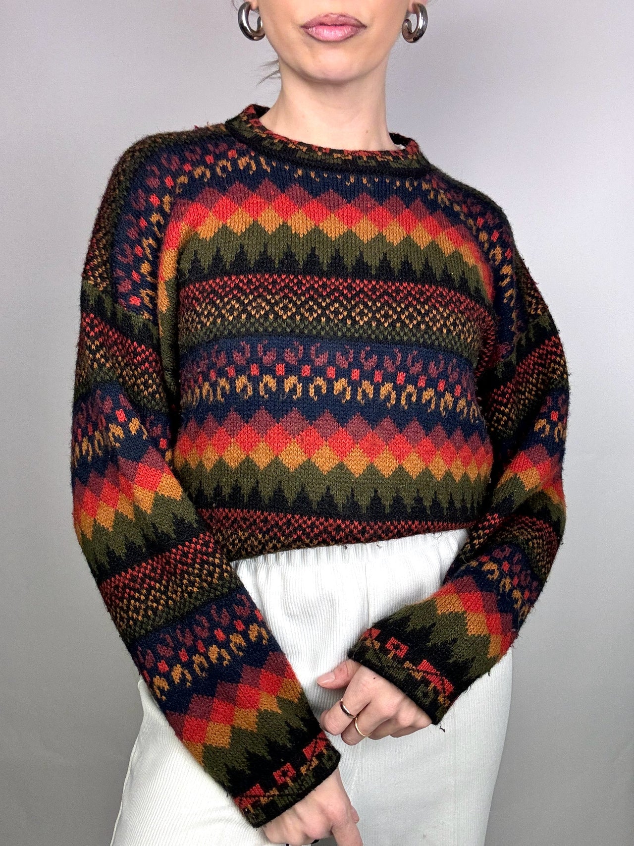 Pull multicolore à motif et col rond M vintage