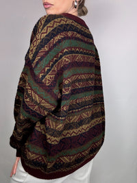 Burgunderrote und braune Strickjacke mit Vintage-Muster L