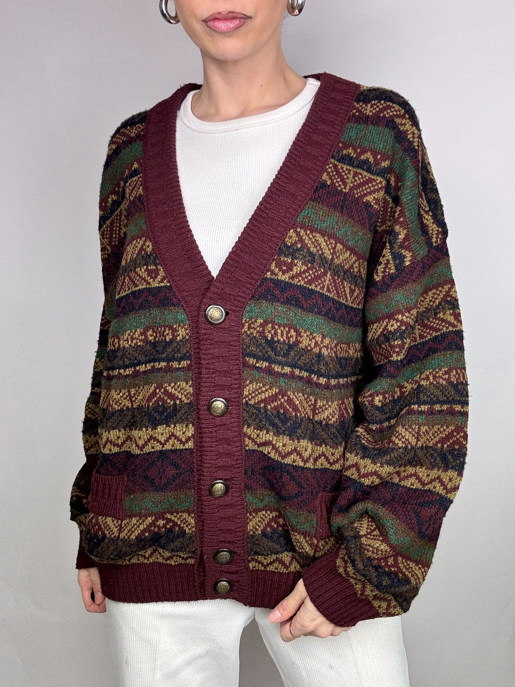 Burgunderrote und braune Strickjacke mit Vintage-Muster L