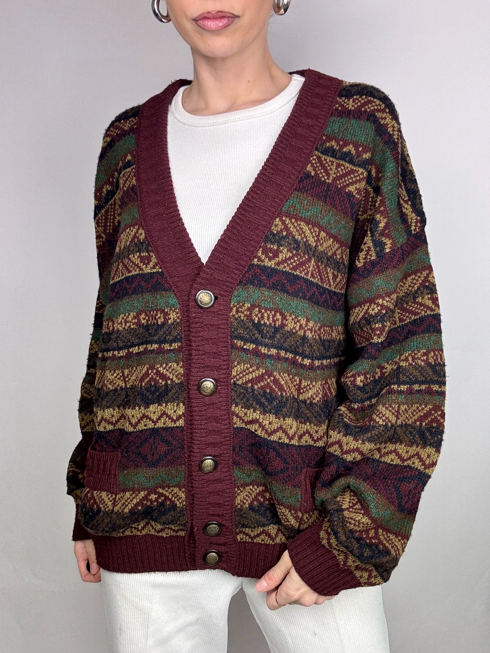 Burgunderrote und braune Strickjacke mit Vintage-Muster L