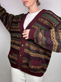 Burgunderrote und braune Strickjacke mit Vintage-Muster L