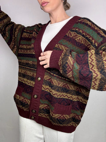 Cardigan bordeaux et brun à motif L vintage