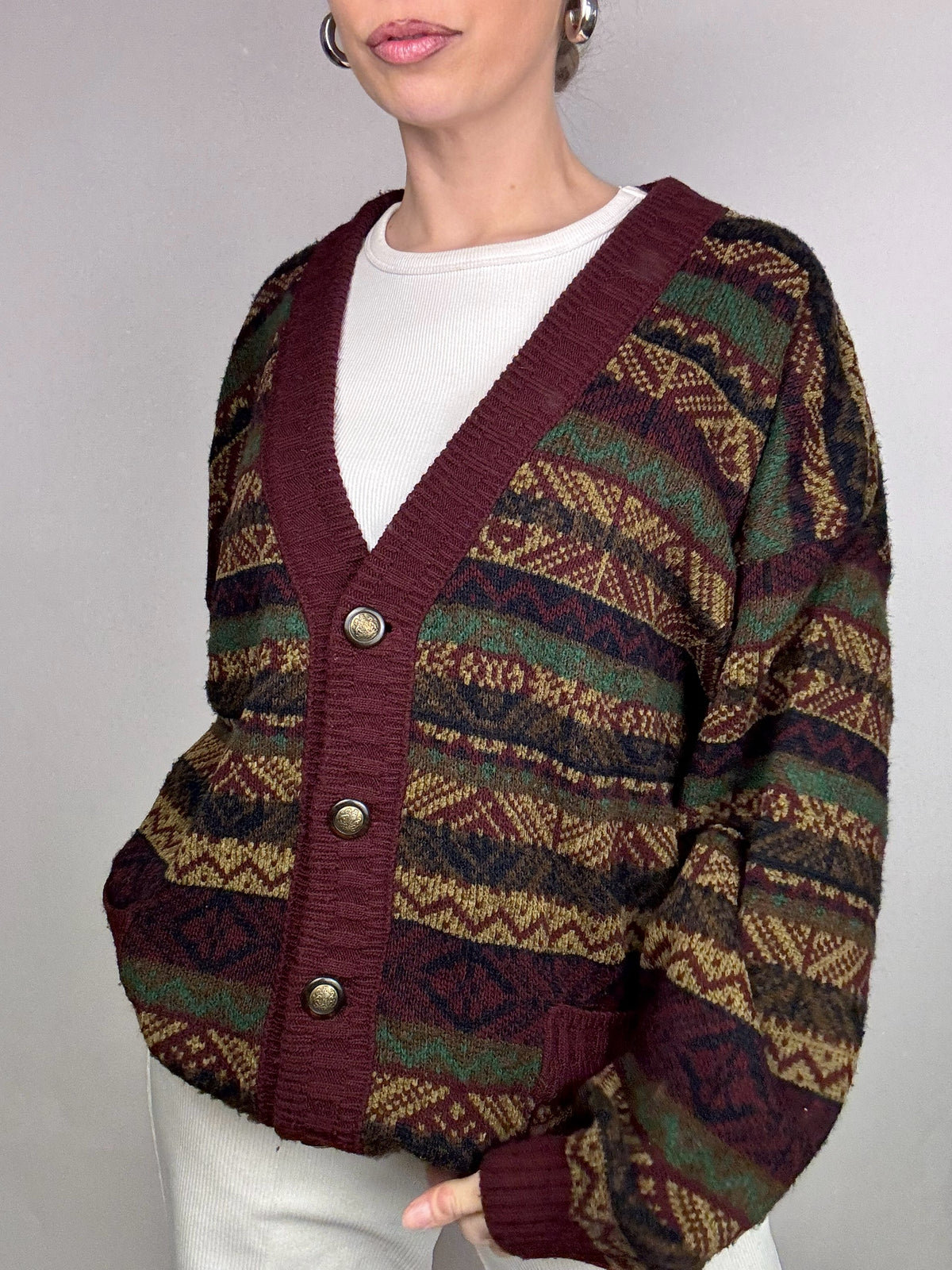 Burgunderrote und braune Strickjacke mit Vintage-Muster L