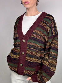 Burgunderrote und braune Strickjacke mit Vintage-Muster L