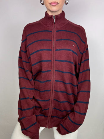 Cardigan rayé bordeaux à zip TOMMY HILFIGER XL vintage