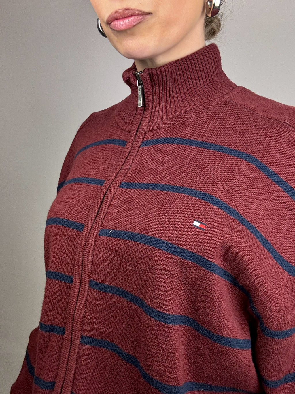 Cardigan rayé bordeaux à zip TOMMY HILFIGER XL vintage