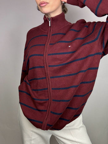 Cardigan rayé bordeaux à zip TOMMY HILFIGER XL vintage